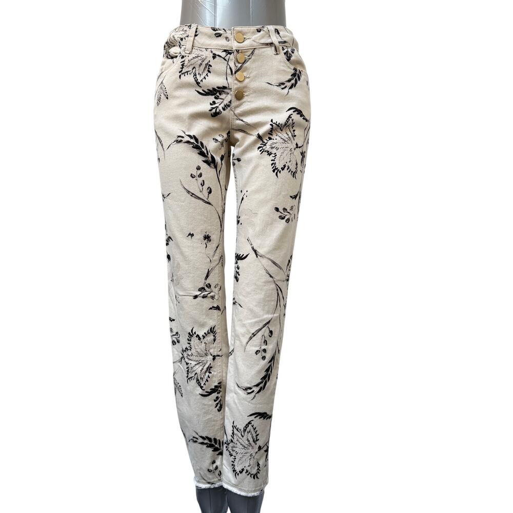 Dorothee Schumacher White Floral Raw Hem Jeans Size 2 High Waist Button Fly Crop